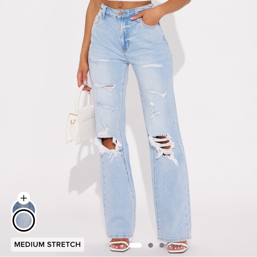 Fashion Nova Light Blue Distressed Straight Leg Jeans